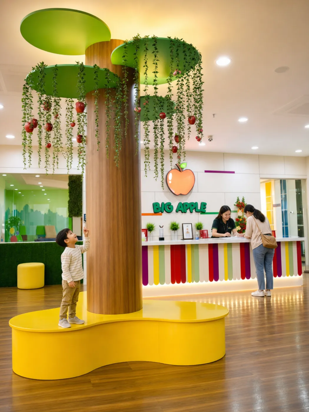 The branded reception with its apple-tree play feature at the childcare and kindergarten interior.