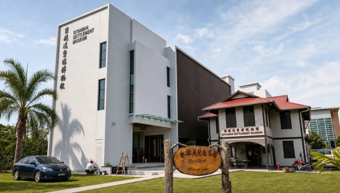The new museum tower with the preserved timber heritage house beside it.