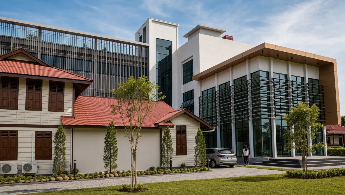 The completed Church Museum complex in Sitiawan: the modern glazed museum building beside the preserved timber heritage house