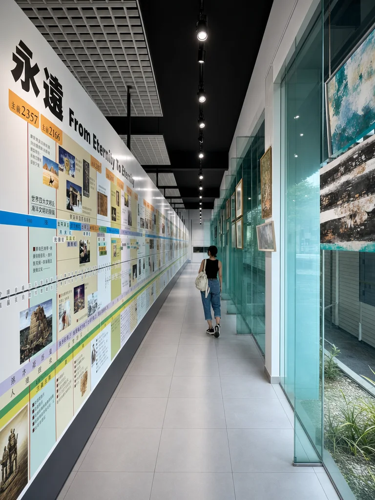 The naturally lit museum gallery inside the Church Museum, its From Eternity to Eternity timeline wall running the length of the glazed corridor