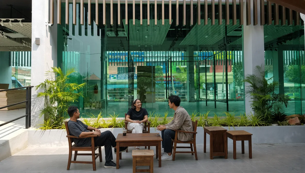 Visitors seated in the shaded courtyard of the Church Museum, framed by the timber-batten canopy and green-tinted glazing