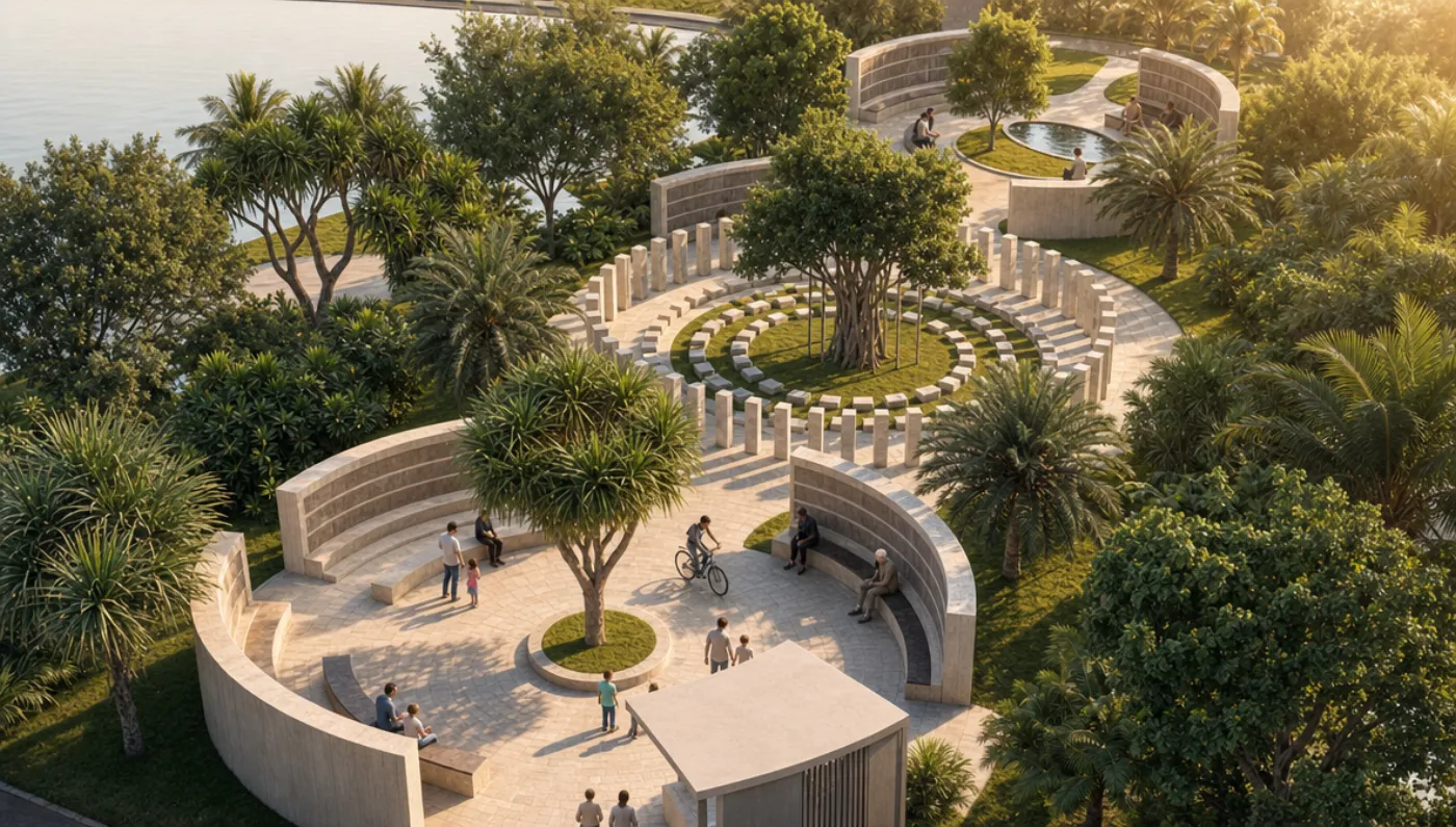 Aerial view of the memorial landscape garden with concentric niche rings. Concept visualisation.