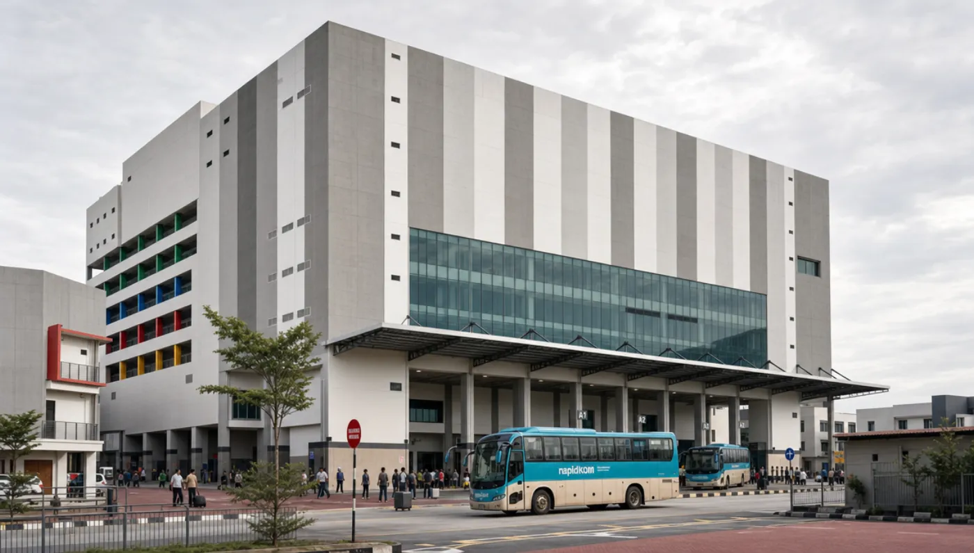 The completed, operational terminal with buses at their gates and travellers on the concourse.