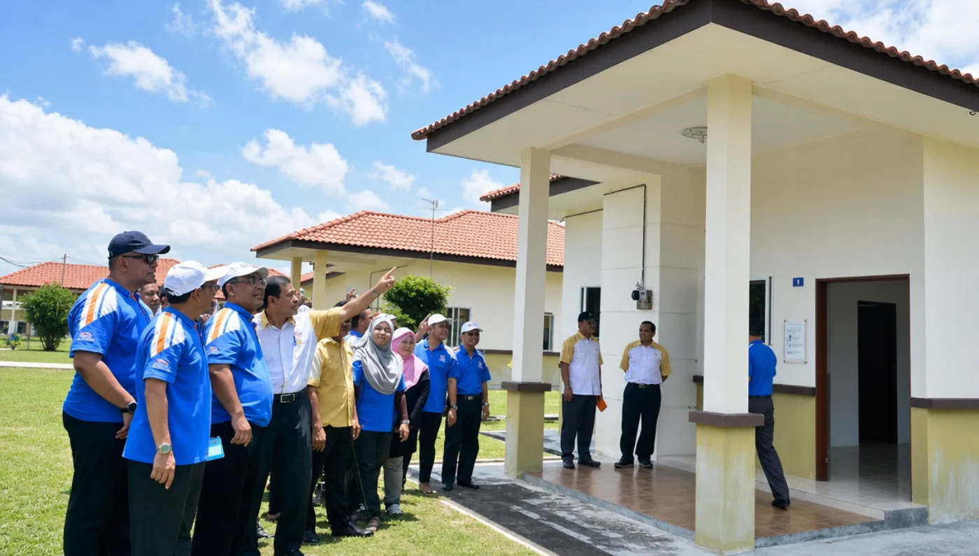 Officials on a handover walkthrough at a completed single-storey unit. The delivery proof for this project.