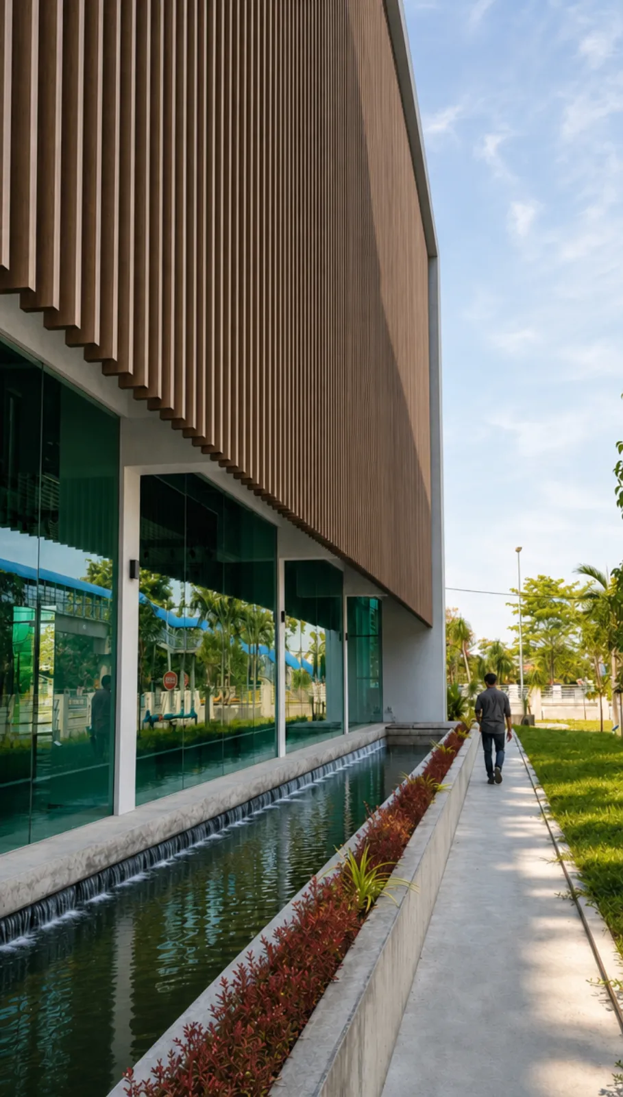 The Church Museum and Community Hall in Sitiawan: a linear reflecting pool runs beneath a timber-batten facade and a green-tinted glass curtain wall, a JUN Architect commission
