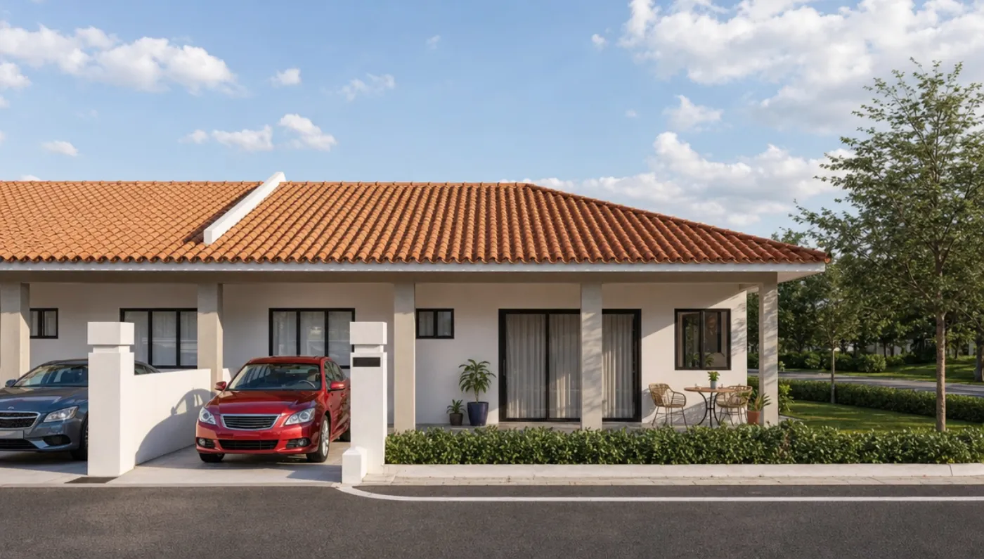 Single-storey terrace house with covered carport, one of 192 units at Ladang Blenheim, Bagan Datoh.