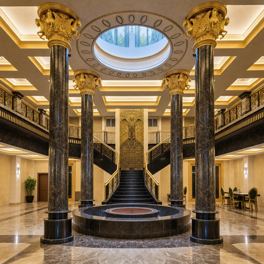 The Meiziya atrium beneath its oculus skylight, framed by gold-capital marble columns and the central staircase