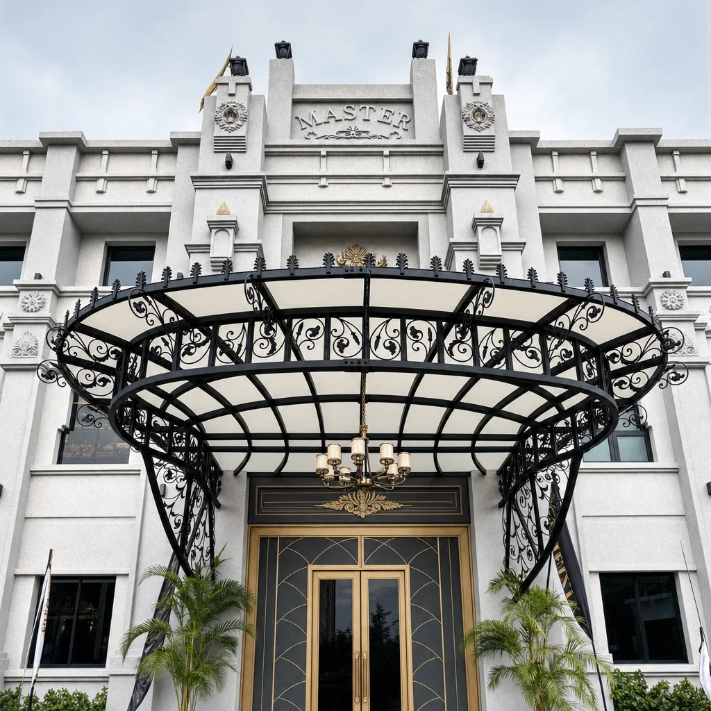 The Meiziya entrance detail: an ornate scrolled wrought-iron canopy over gold-panelled doors beneath the Art Deco frontage