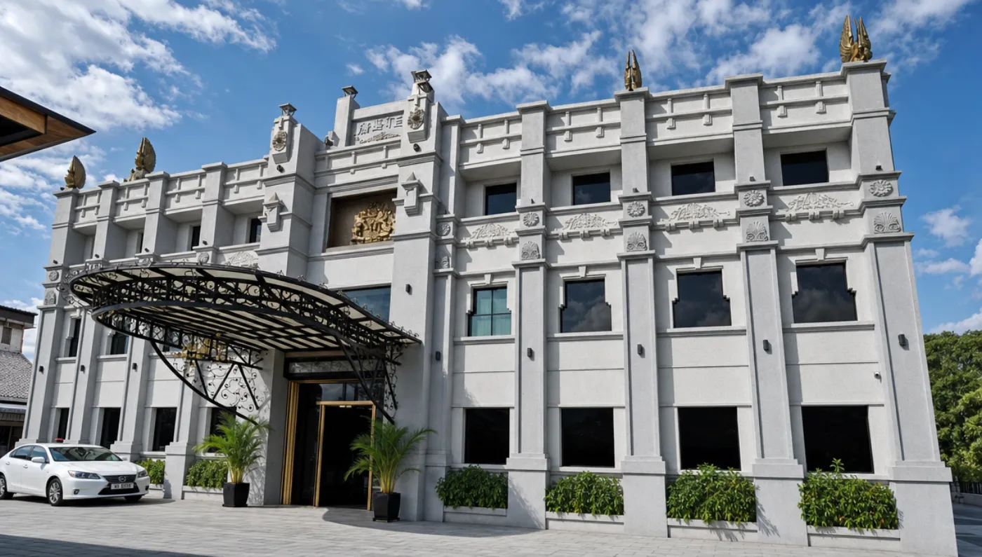The completed Meiziya cultural building with gold roof finials and relief carvings, at a three-quarter angle.