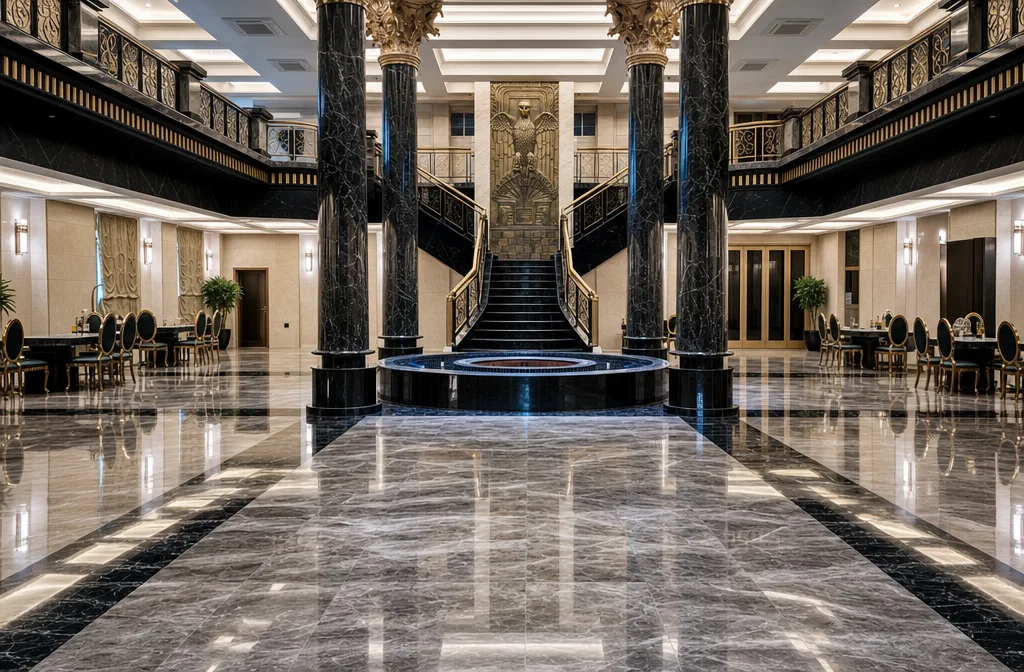 The Meiziya grand lobby: a black-marble colonnade with a sweeping staircase, gold relief and a polished stone floor