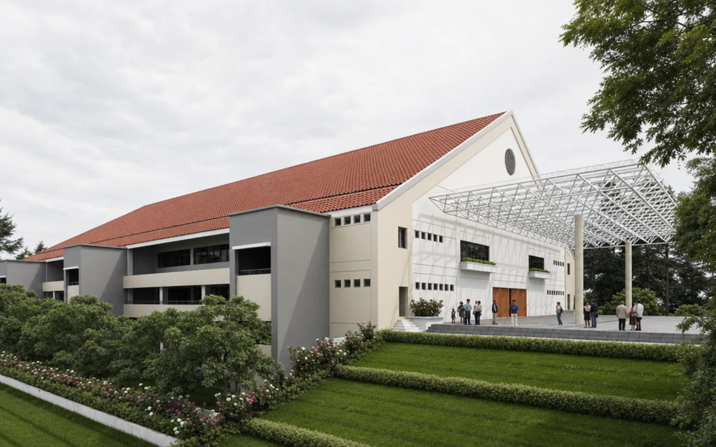 The Multi-Purpose Hall at Shen Jai High School, Ipoh: a long pitched-roof hall with a white steel-truss entrance canopy and landscaped forecourt.