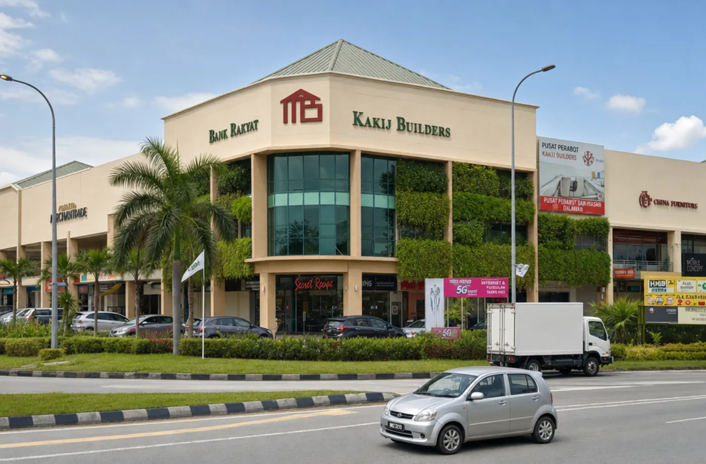 The completed retail complex in use, with a chamfered corner rotunda and vertical planted facade.