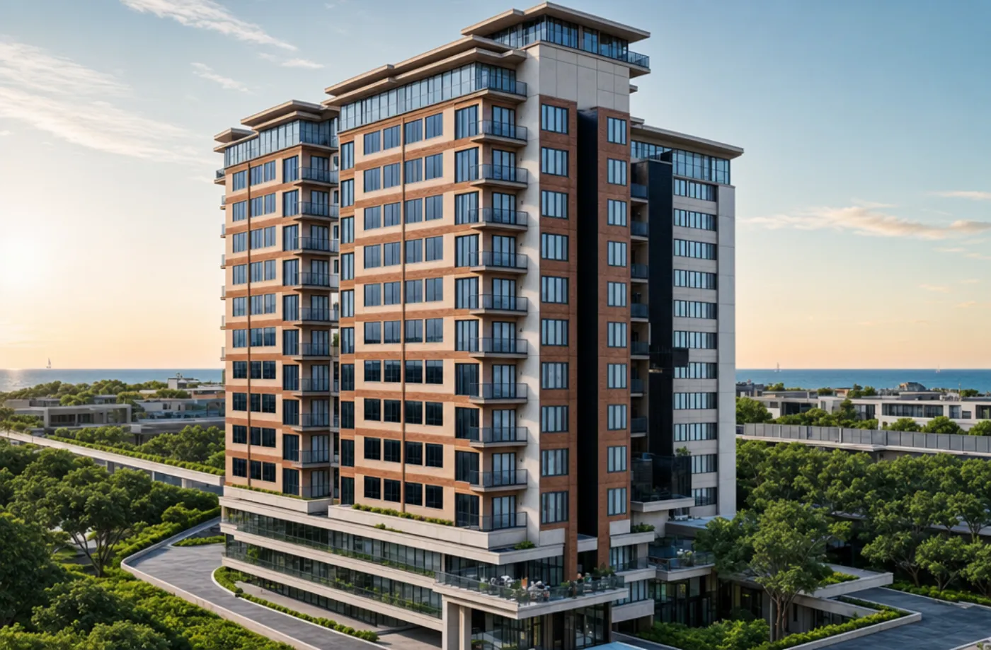 The 13-storey service apartment with 88 studio units on a landscaped podium. Design visualisation.