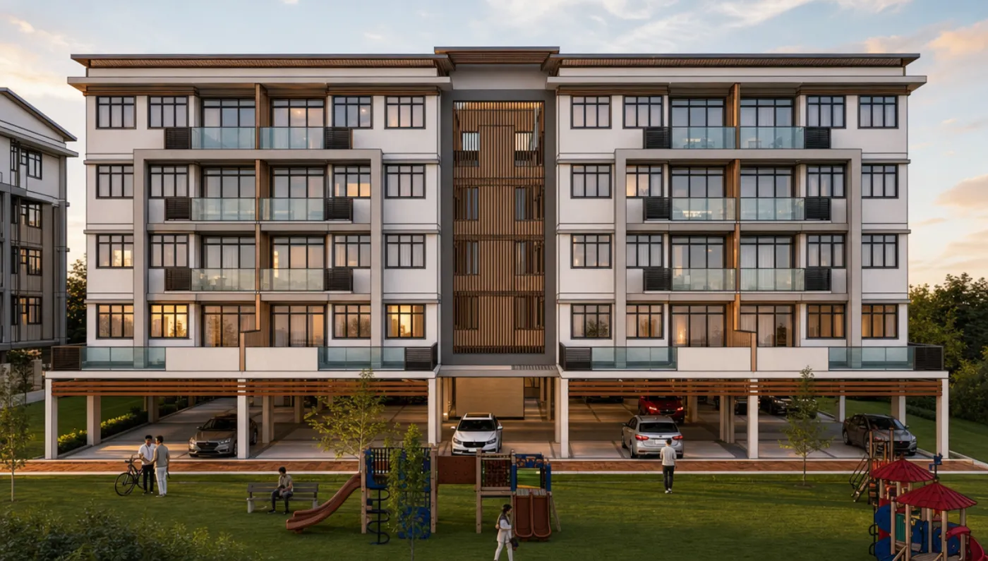 Four-storey low-rise apartment over a ground-floor covered carpark. Artist's impression.