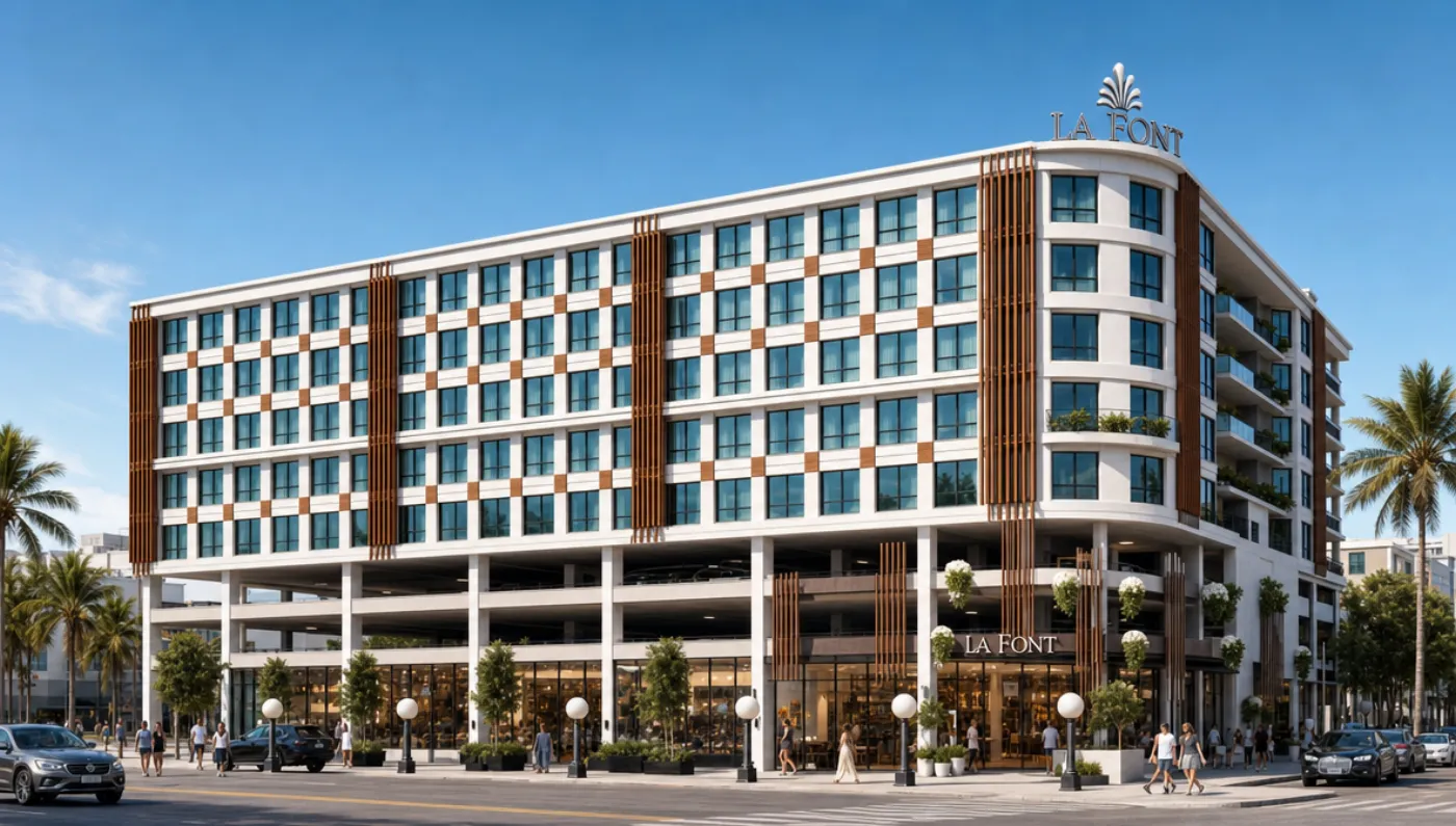 Street-corner view of the eight-storey hotel with its open podium carpark. Design visualisation.