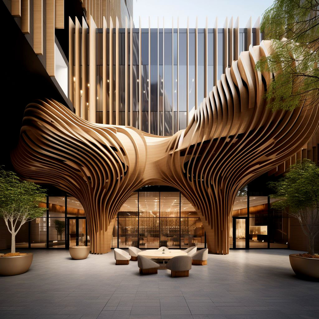 Parametric wood structure in a modern courtyard, AI-generated